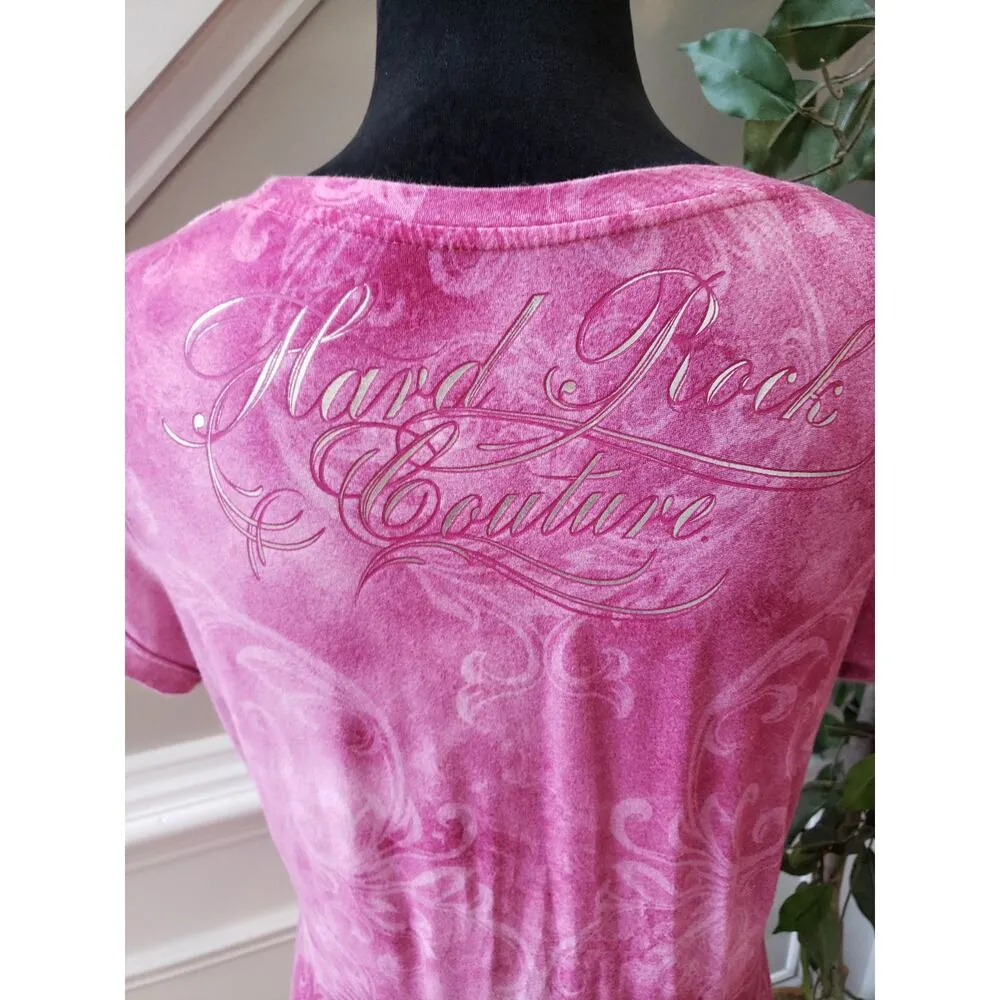 Hard Rock TShirt Womens Medium Pink Rhinestone Graphic Tee Fitted Casual Top - Image 8