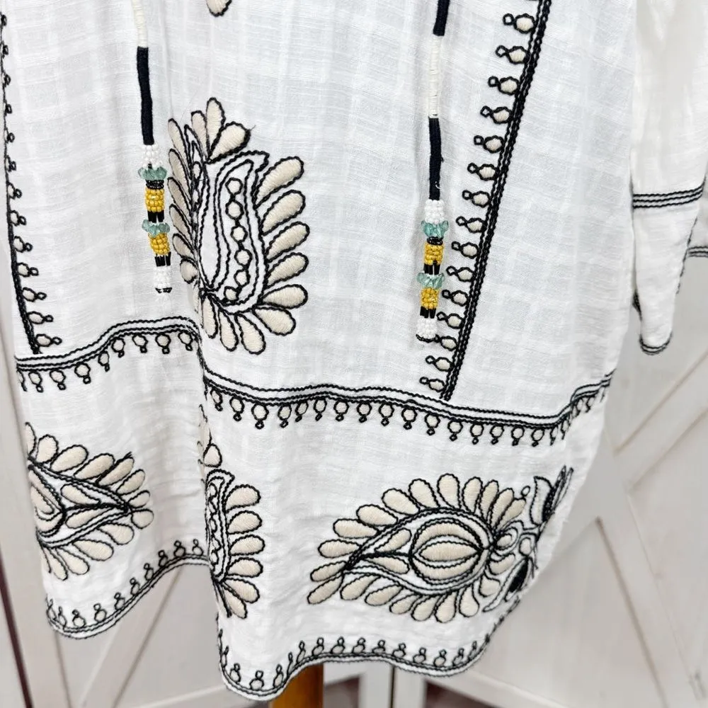Zara Boho Embroidered‎ Textured Cotton Tunic Shift Mini Dress White Tan Black XS - Image 8