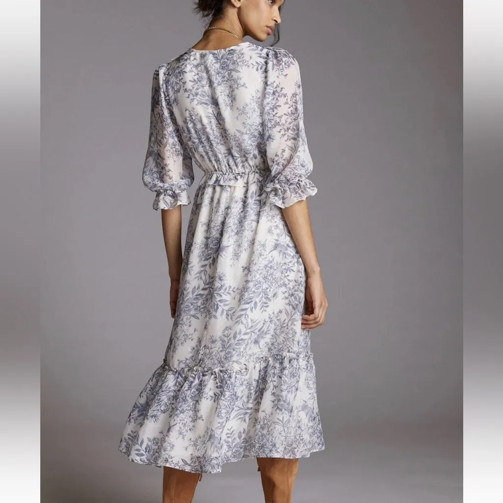 Anthropologie Moon River Blue Floral Ruffle Midi Dress size Small - Image 2
