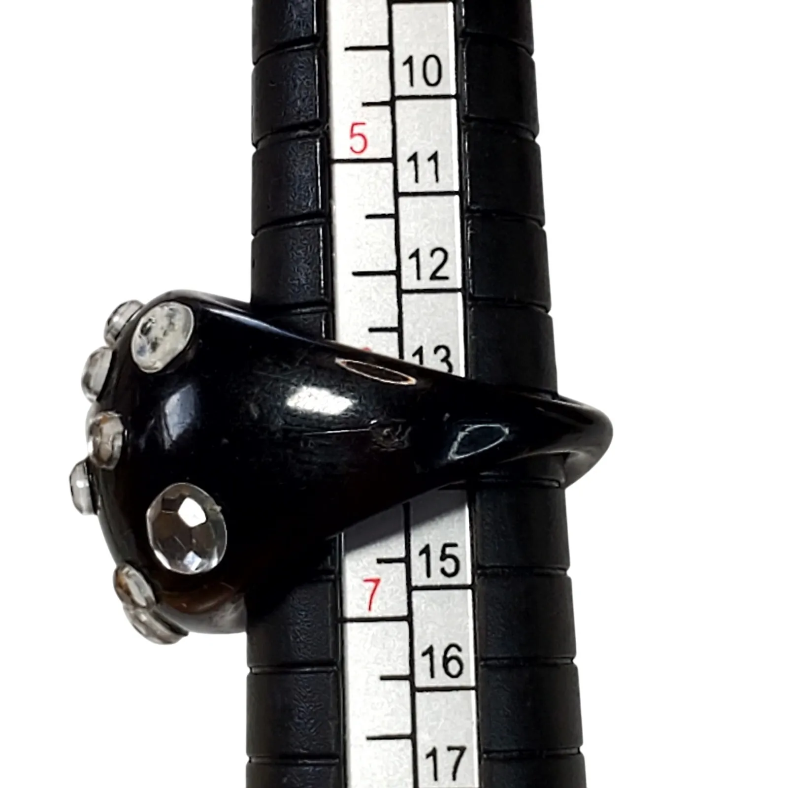 Retro Black Plastic Ring Clear Rhinestone Size 6 Vintage Thick - Image 2