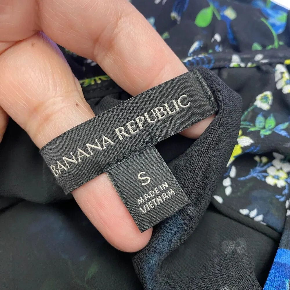 Banana Republic Blue Floral Black Casual Dress Long Sleeve Women's Size S - Image 7