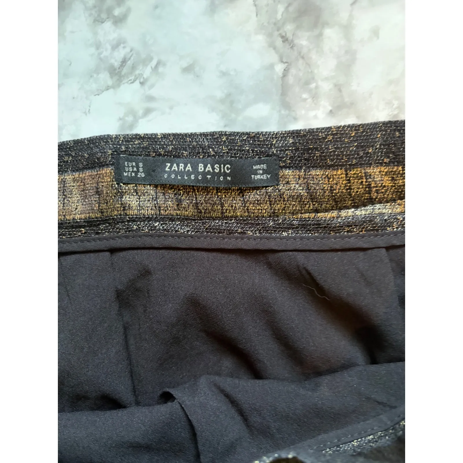 Zara Basic Collection Midi Skirt Gold Metallic Black Chevron Pleated‎ S - Image 7