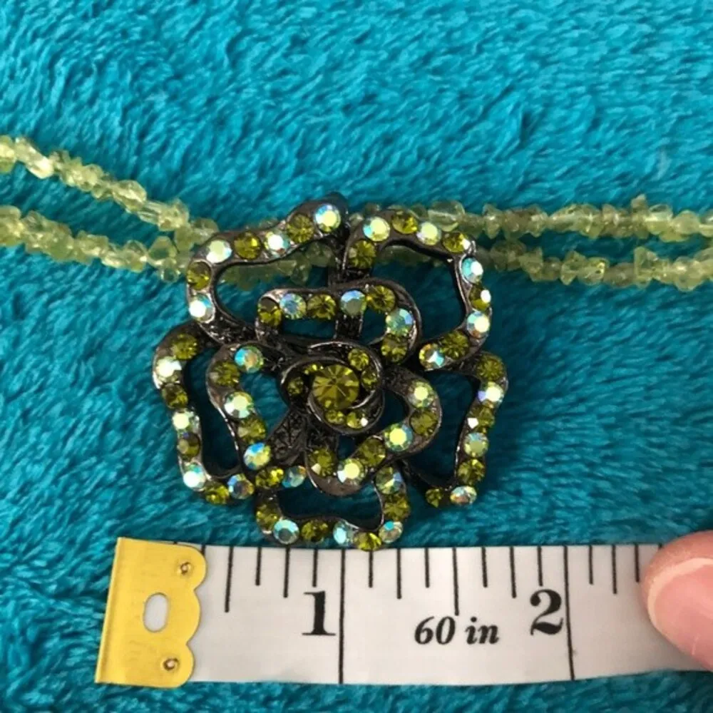 Stone Double Strand Floral Statement Necklace Flower Green Gunmetal Bright Heavy - Image 7