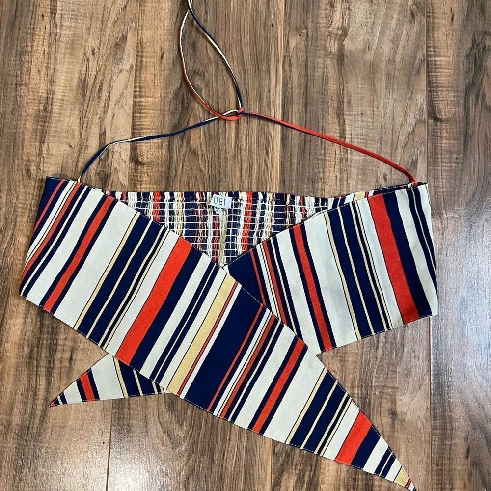 Tobi striped orange and blue crop top tie front small - Image 2