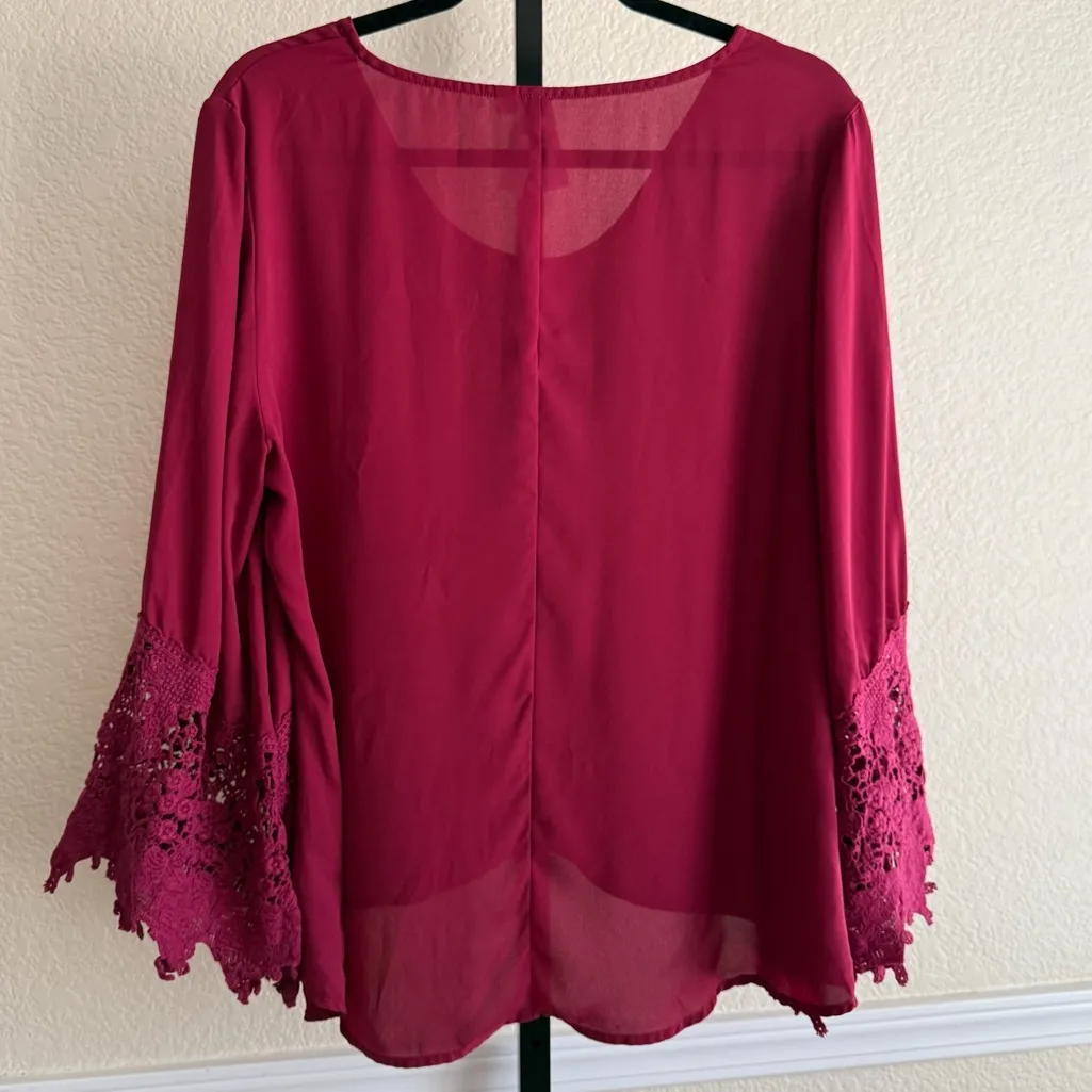 Women’s XL Burgundy Red Lace Bell Sleeve Blouse Flowy Tunic Top Romantic Chic - Image 2