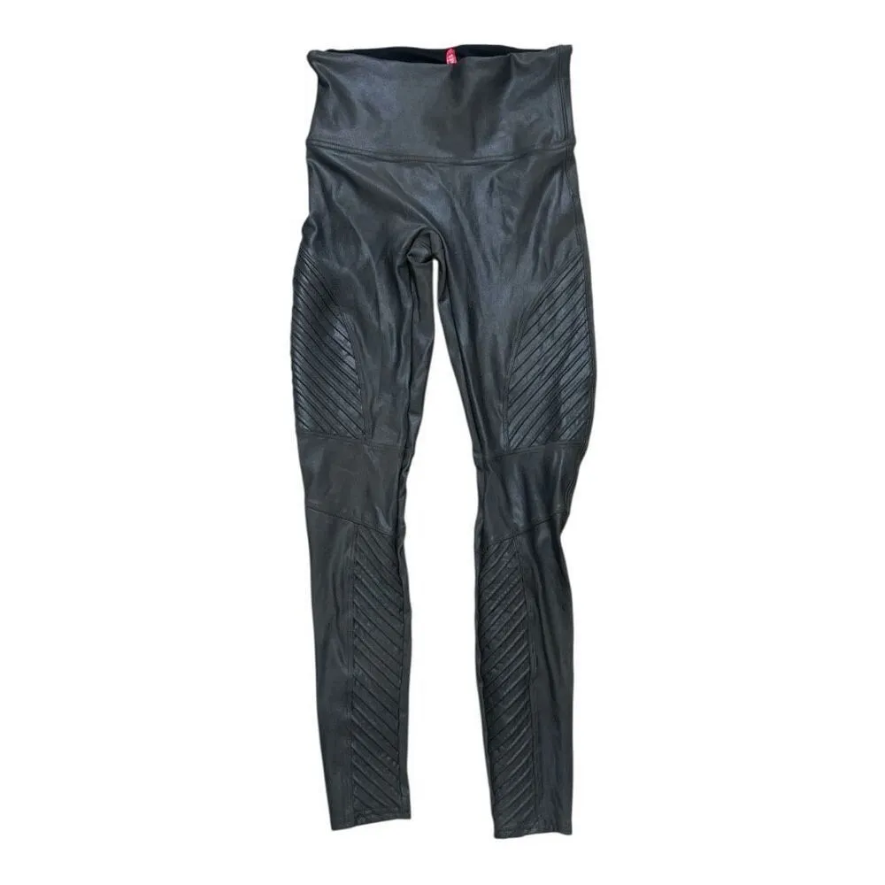 Spanx Faux Leather Women Grey Ribbed Moto Stretch Ankle Leggings Sized M - Image 2