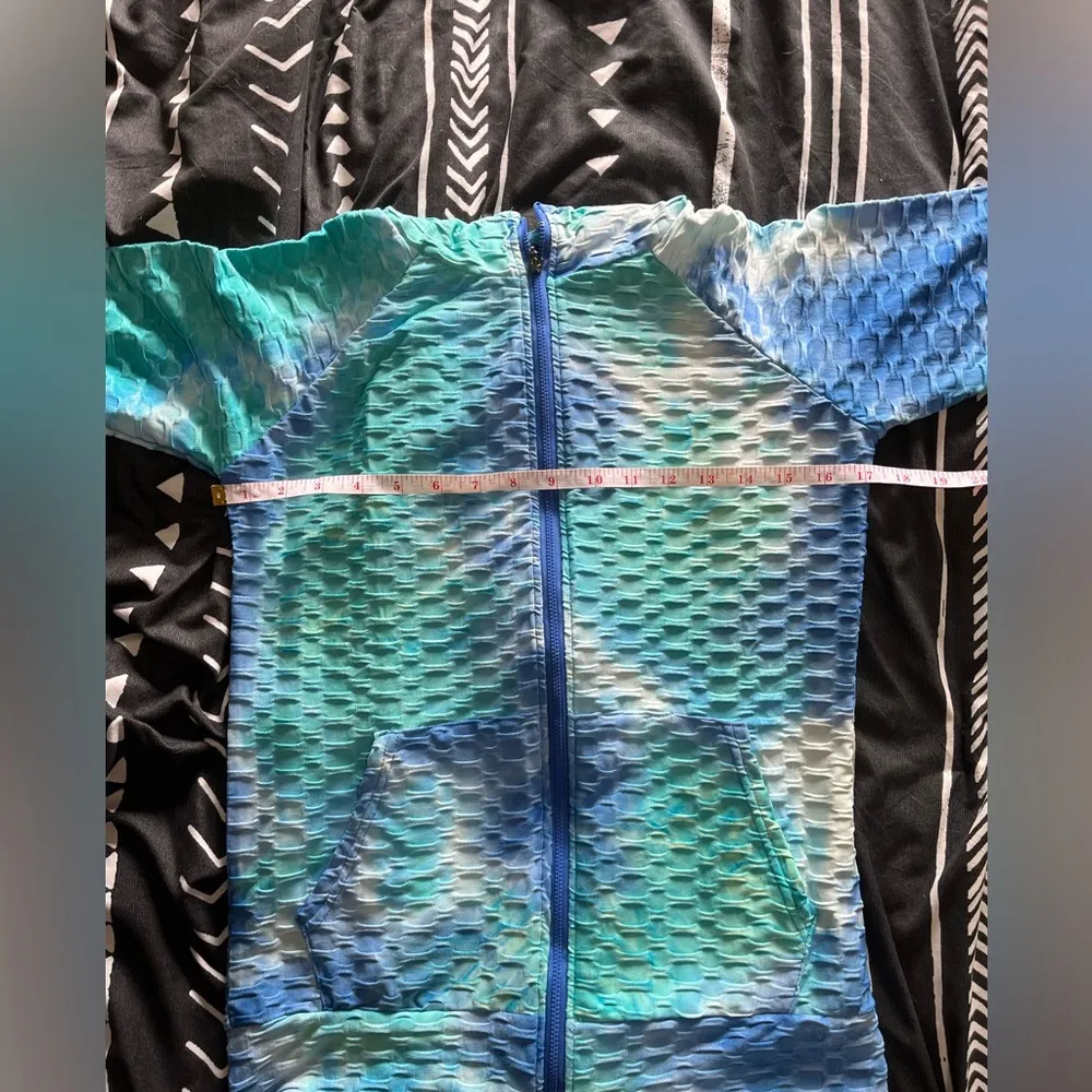 AZ Tie Dye Blues Full Zip Stretch Hoodie Sweatshirt Coat Ruched Women’s S/M NWT Blue Size M - Image 6