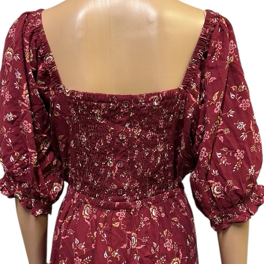 Mod Lusive Rayon Burgundy Floral Print Smocked Back Puff Sleeve Maxi Dress XL Red - Image 6