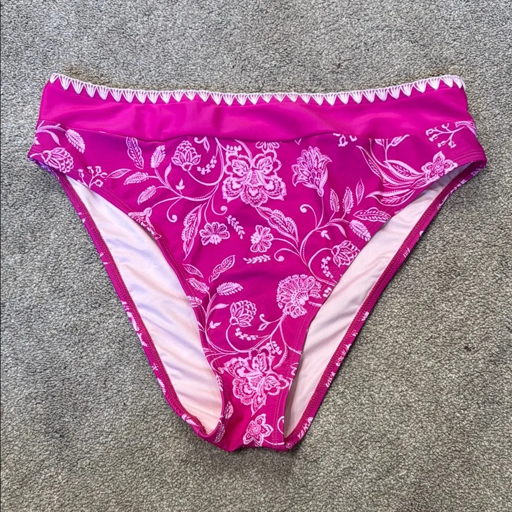 Cupshe Hot Pink Vine Floral Print High Waisted Swim Bikini Bottoms Size L - Image 3