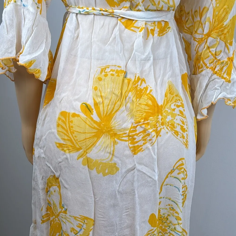 Vintage Yellow Floral Ruffle Wrap swim cover up kimono Dress Sz 2X - Image 7