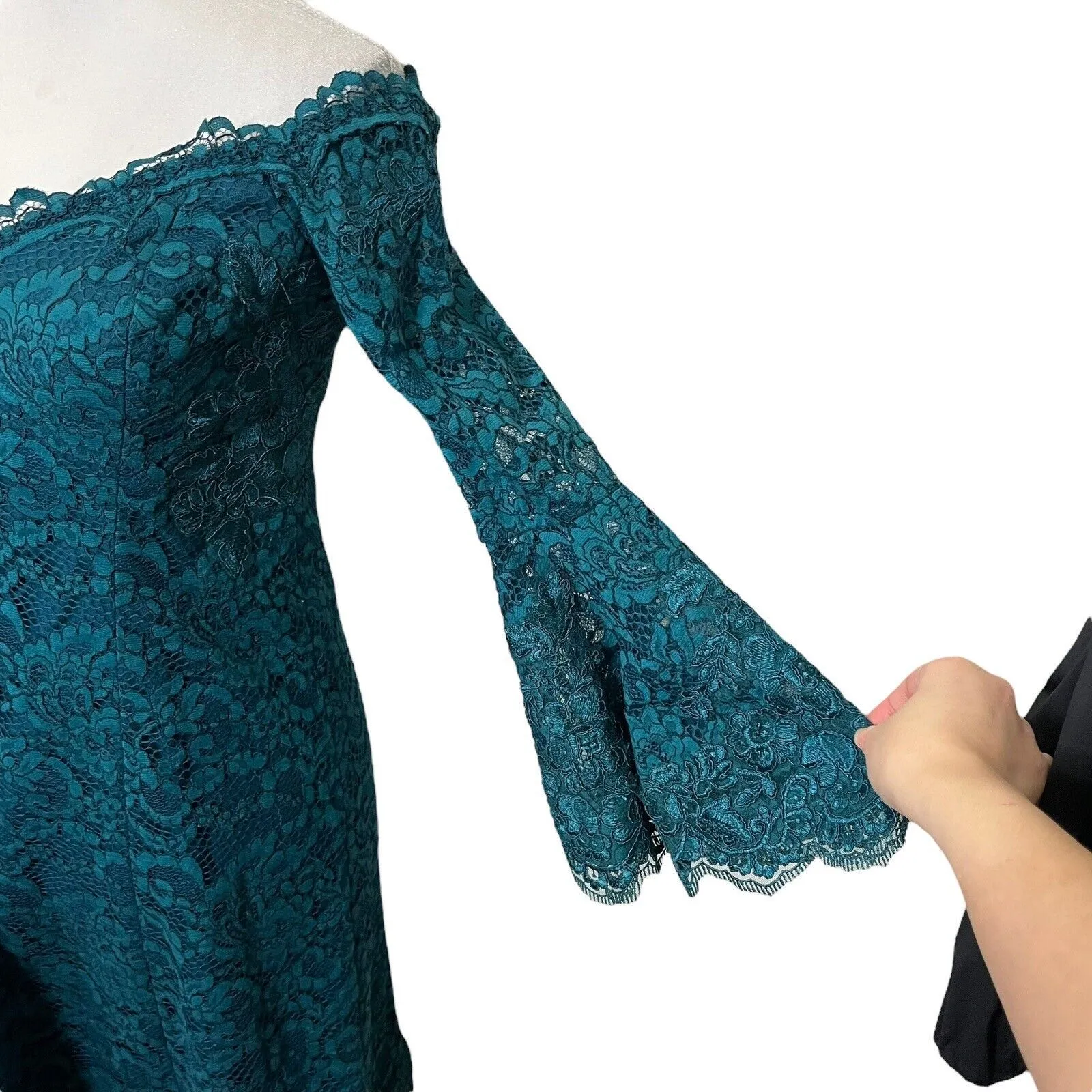 Teri Jon Off Shoulder Lace Dress Bell Sleeves Teal Size 4 Fit and Flare Blue - Image 8