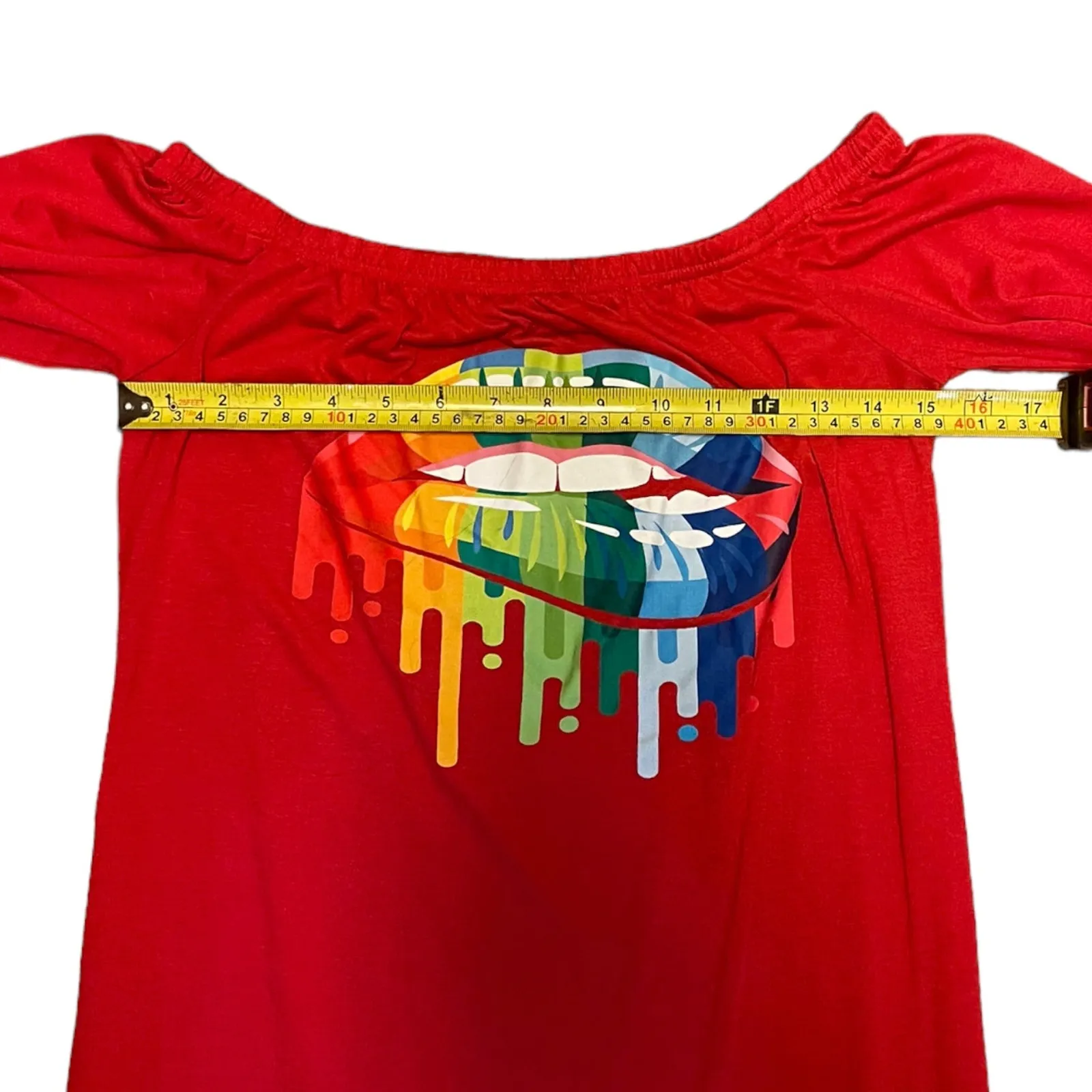 Red Rainbow Lips Off Shoulder Maxi Dress Size Medium - Image 3