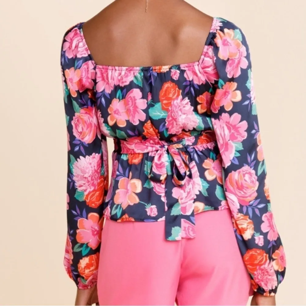 Vibrant Colorful Floral Balloon Sleeve Bow Back Ruffle Blouse Top Mi Amore Small - Image 3