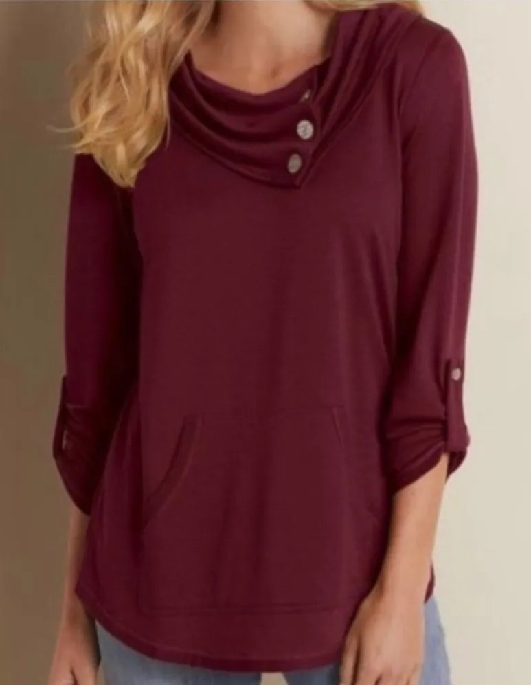 Soft Surroundings Burgundy Button Cowl Neck Sweatshirt Size Small Petite - Image 1