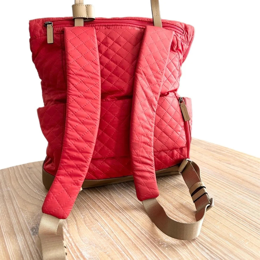 Tumi Quilted Foldover Backpack Red Leather Trim Convertible Straps - Image 2