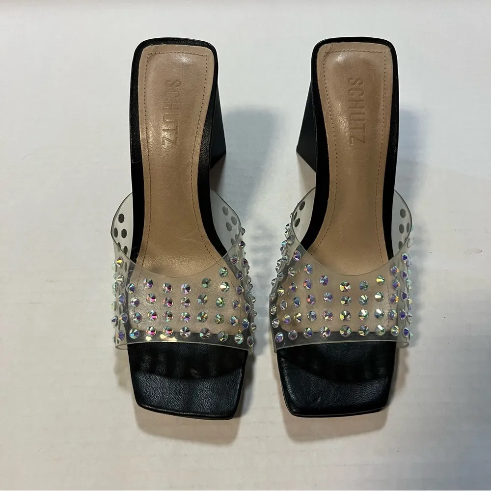 Schutz Heel Lizah Crystal Vinyl Sandal Mule Slip On in Black Sz 8.5 NWOB *flaws* - Image 5