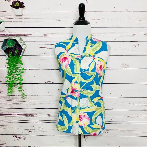 Lauren Ralph Lauren Sleeveless Tropical Hibiscus Top Size Small Blue Pink Green - Image 2