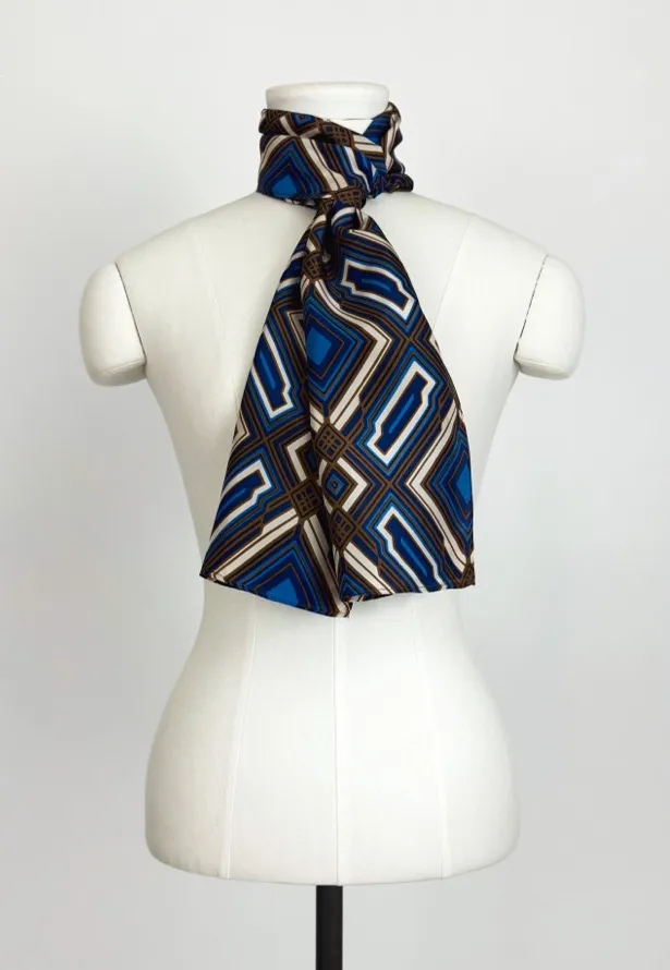 Vintage Y2K Pure Silk Geometic Rectangular Fashion Scarf in Blue | 57” x 10” - Image 1
