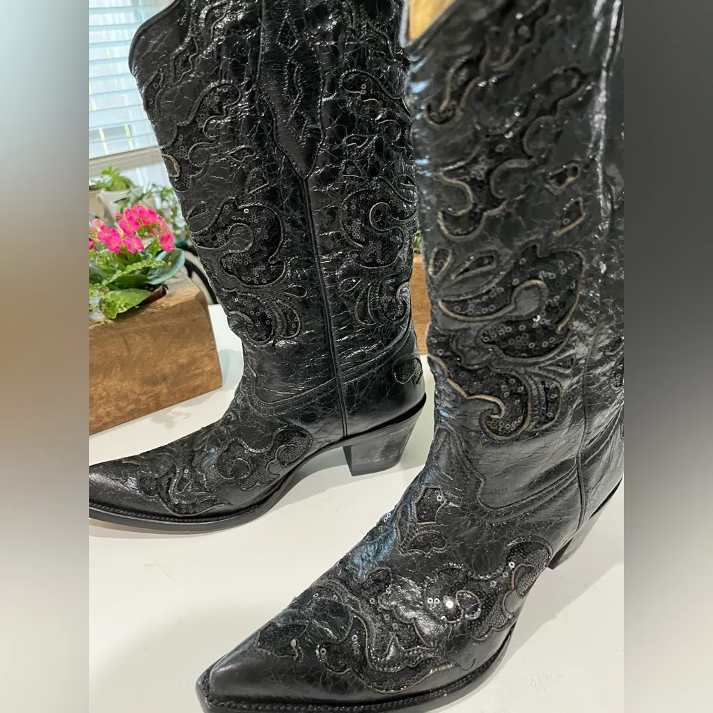 Corral Boot Co Black Leather and Sequin Inlay Western Boots Size 8 M Style A1070 - Image 2