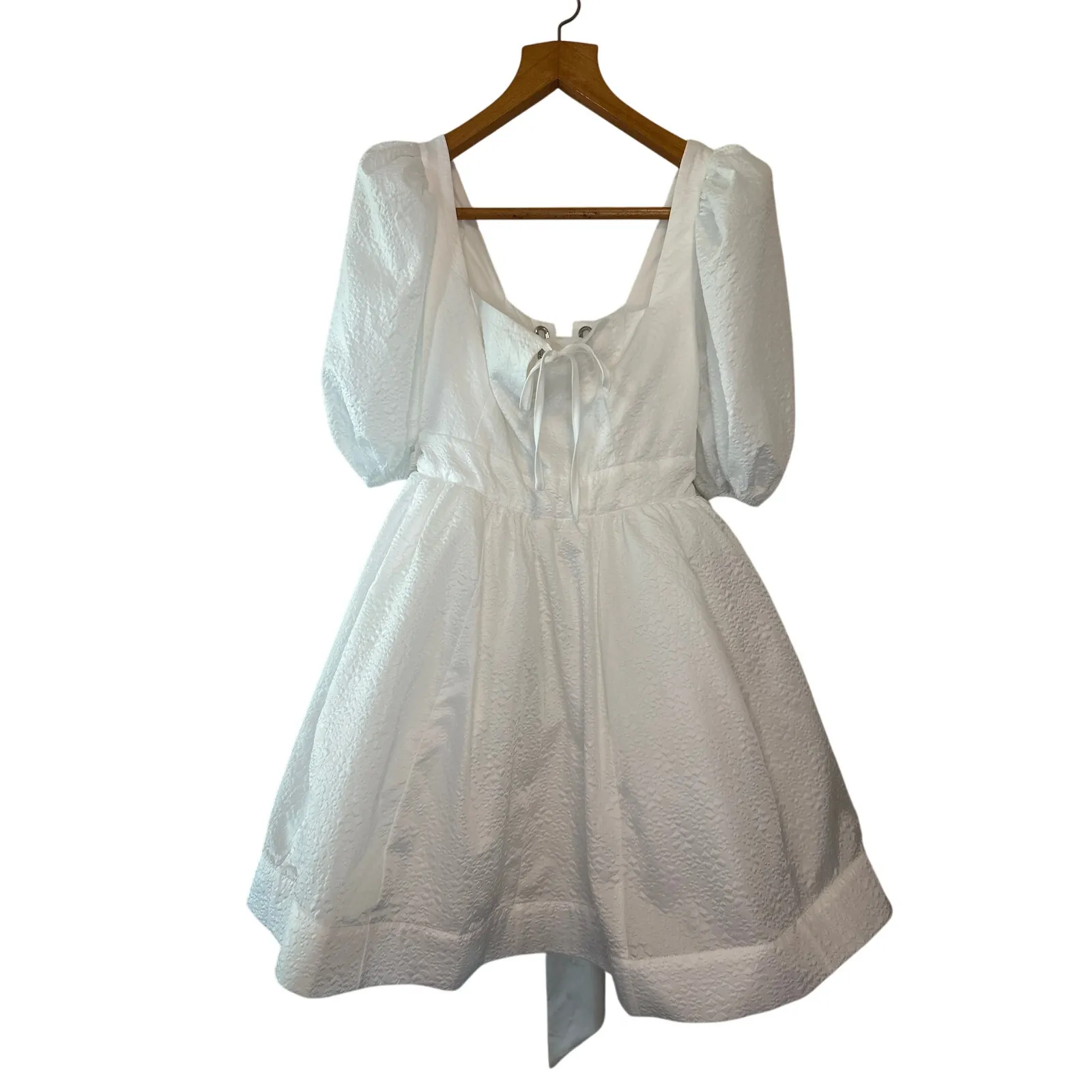 BHLDN Chloe White Jacquard Puff Sleeve Bridal Mini Dress NWT Small - Image 3