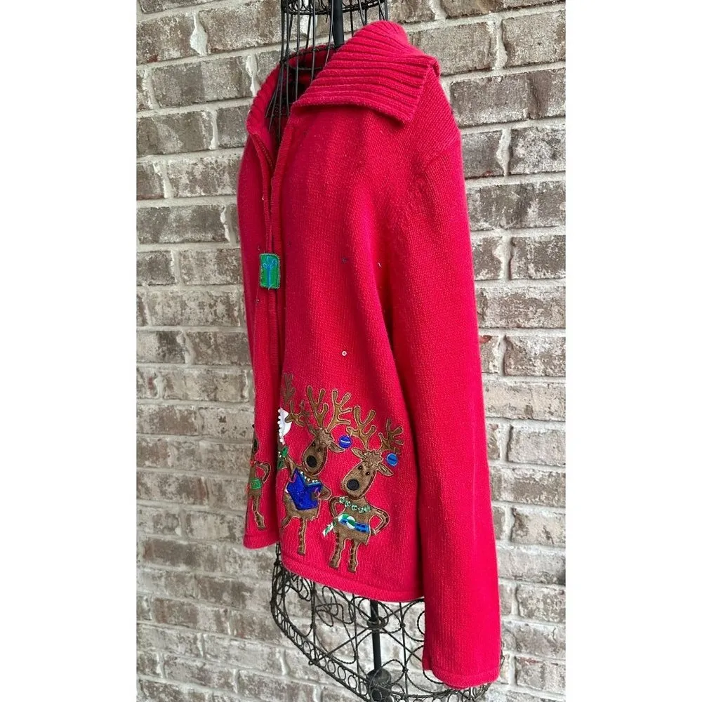 Tiara International Christmas Collection Reindeer Cardigan Sz L? Zippere… - Image 7