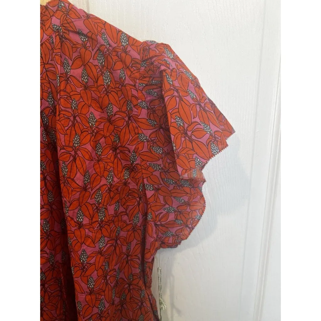 Trovata Carla Floral Blouse Large High Neck Red Pink Fan Flower NWT Cotton - Image 6