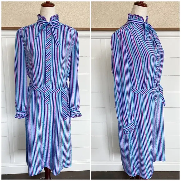 VTG Purple Rainbow Schrader Sport Petites Stripe Dress Size 8 - Image 2