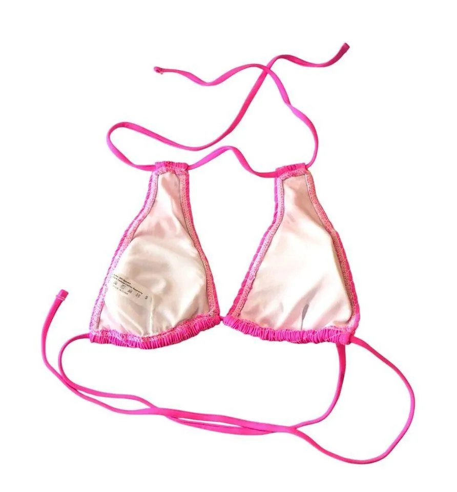 Bikini Top Triangle String Ties Removable Cups Textured Hot Pink S - Image 2