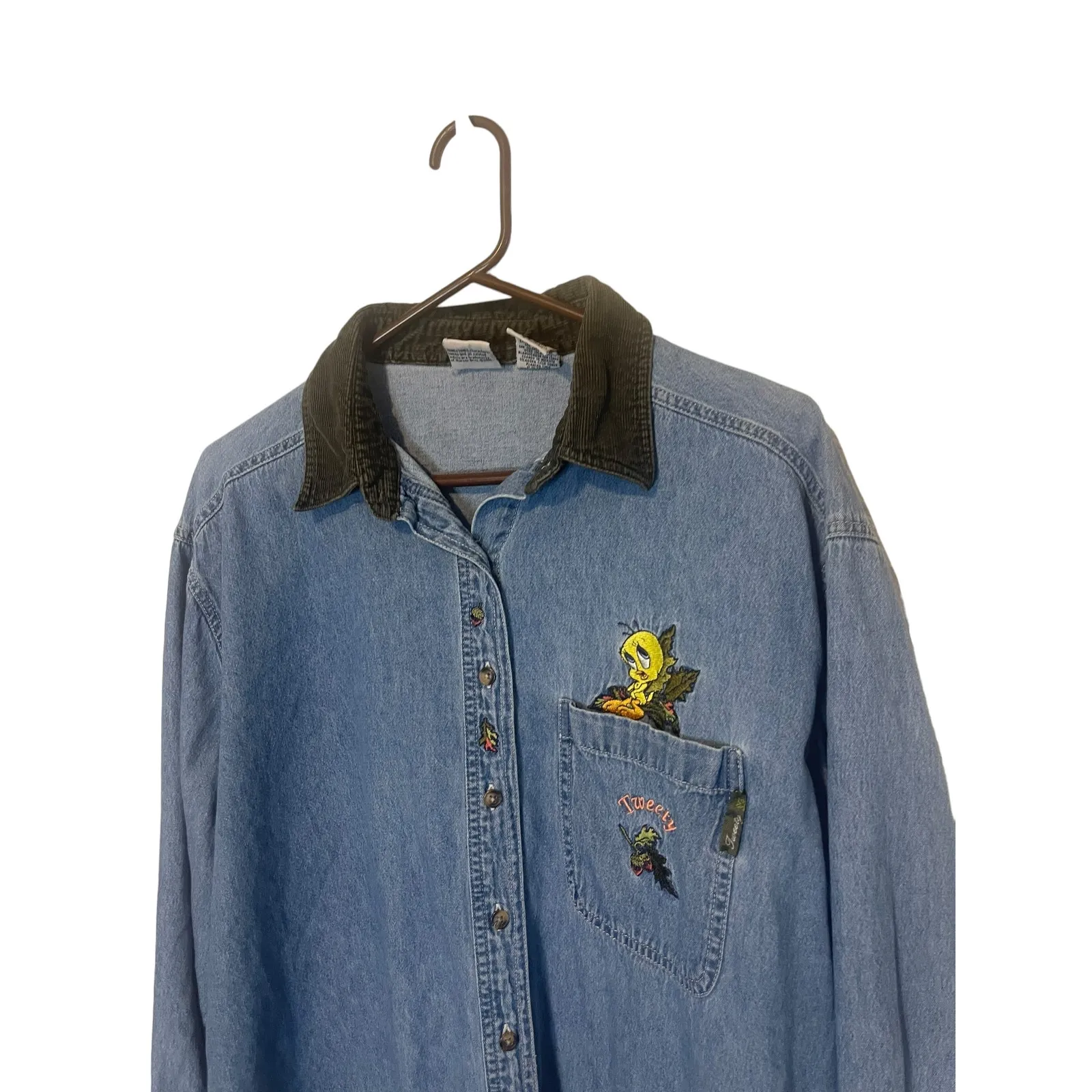 Looney Tunes Vintage 90s Large Tweety Bird Embroidered Denim Button Up - Image 2