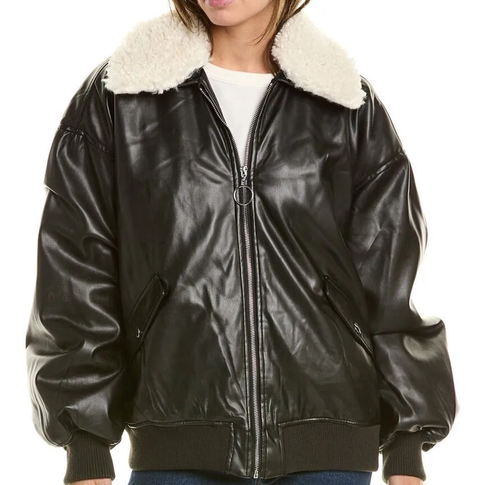 WeWoreWhat black bomber jacket in vegan leather and‎ faux Sherpa XS - Image 14