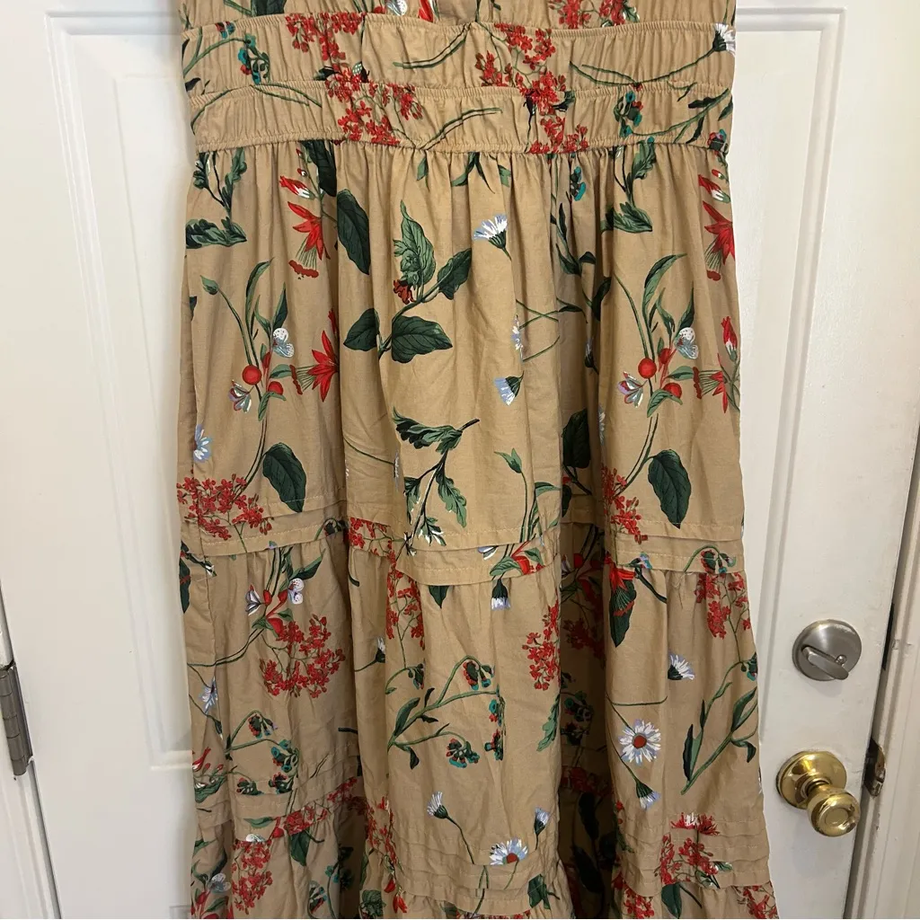Anthropologie The Somerset Maxi Dress Tiered Smock Floral Khaki Tan Green L - Image 5