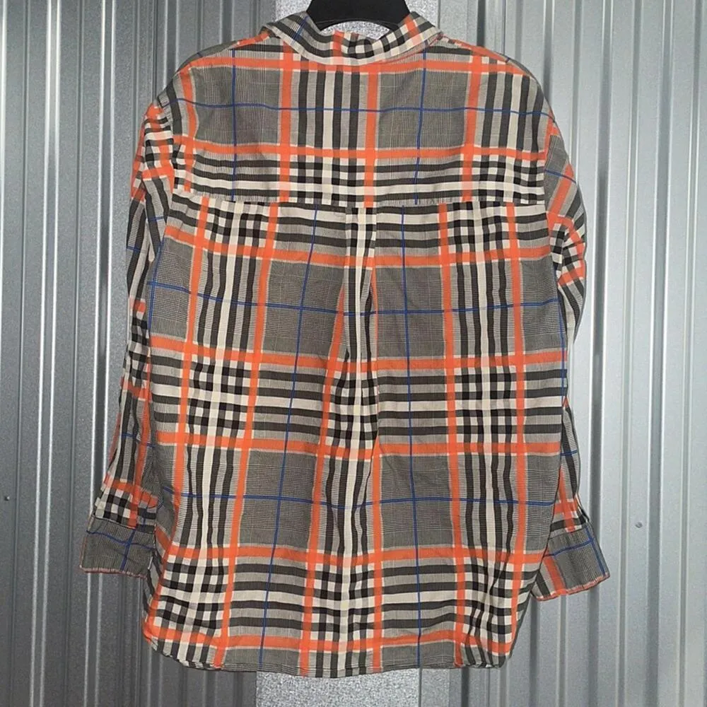 Zara woman Orange Black Blue Plaid Button Down Shirt Work Career Retro - Image 6