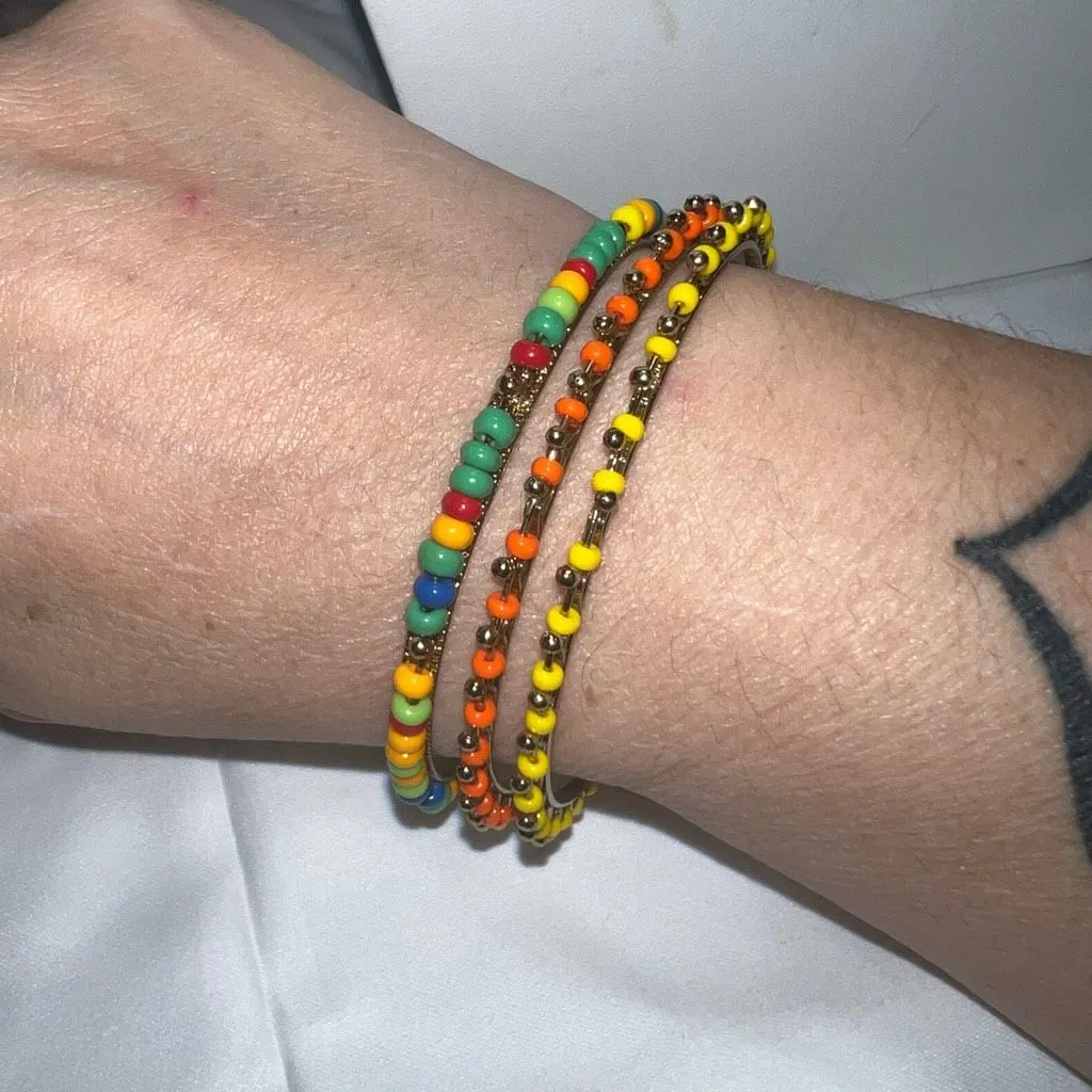 Boho Gold Tone and Colorful Bead Set‎ of Three Bangle Bracelets Orange - Image 4