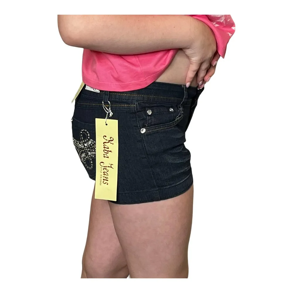 NEW Kaba JEAN SHORTS SZ 7 Dark Blue Denim Stone Stud Bedazzled Double Lasso NWT - Image 5