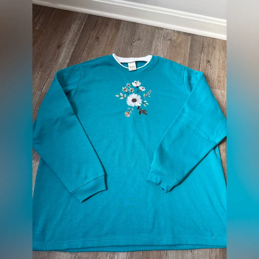 VTG Blair Floral Embroidered Sweatshirt Hippie Boho Teal Blue White Size 2XL - Image 4