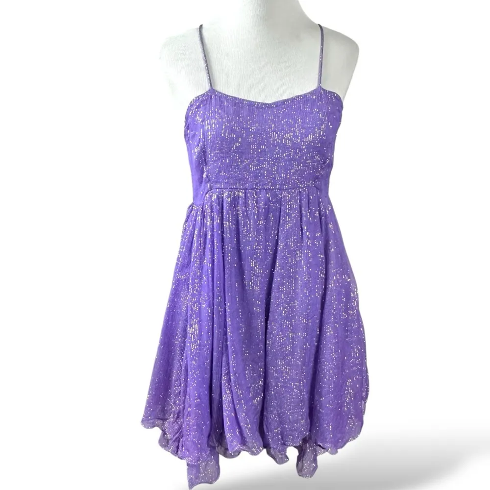 Raga Fairy Layered Ruffle Shimmer Mini Dress Lavender Metallic Silver XS Small - Image 6