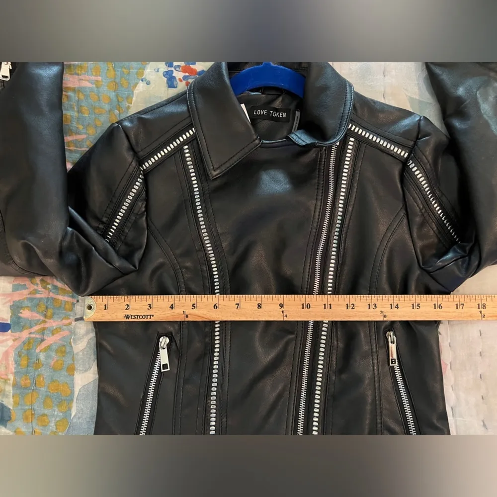 BLOOMINGDALES XS Love Token Black Faux Leather Jacket NWT - Image 7