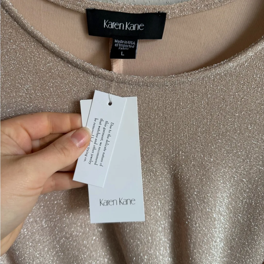 NWT Karen Kane Pink Chill Shimmer Twist Top Blouse Womens L Shimmer Coquette - Image 4