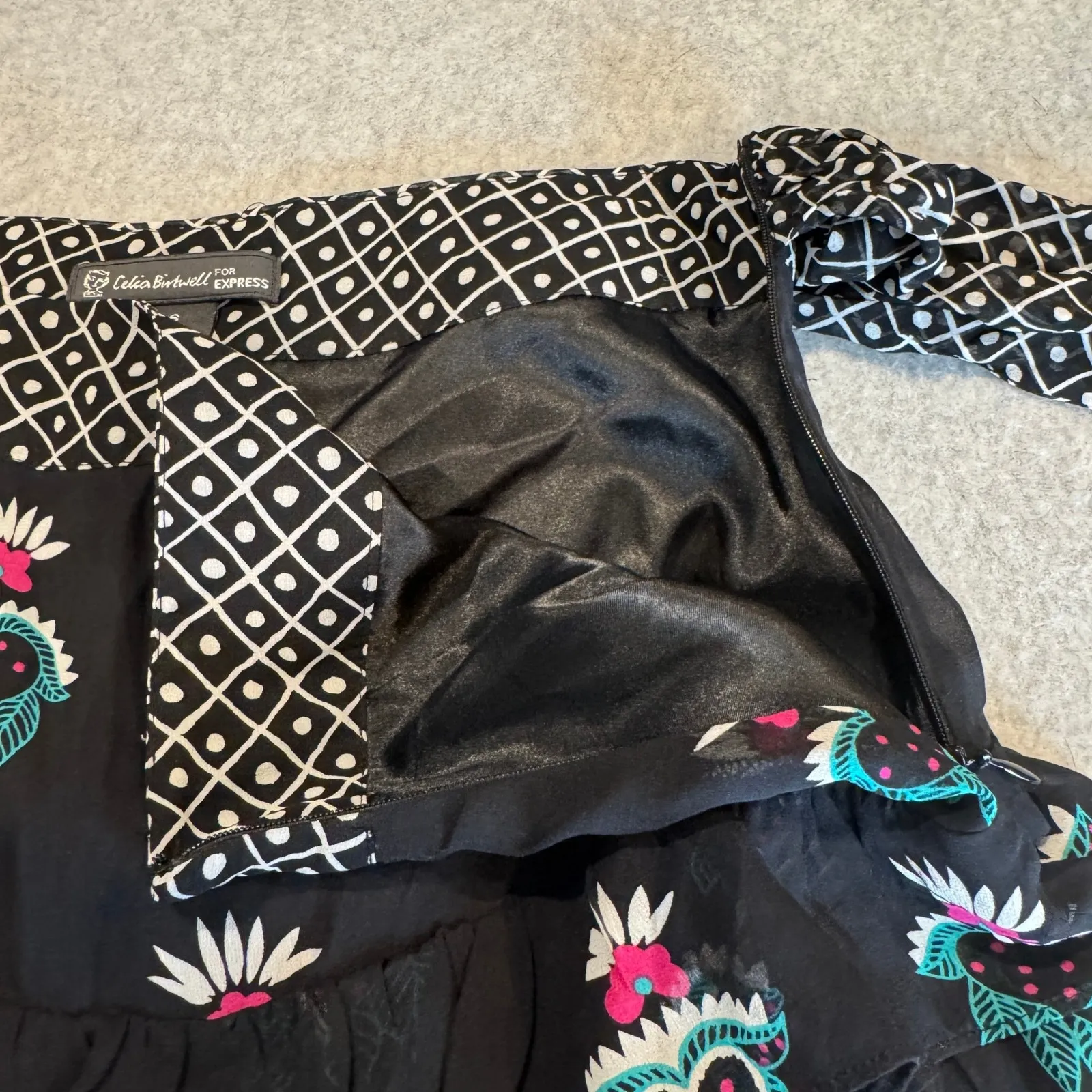 Y2K Celia Birtwell Express Skirt Womens 6 Black Silk Tiered Ruffle Heart Floral - Image 11