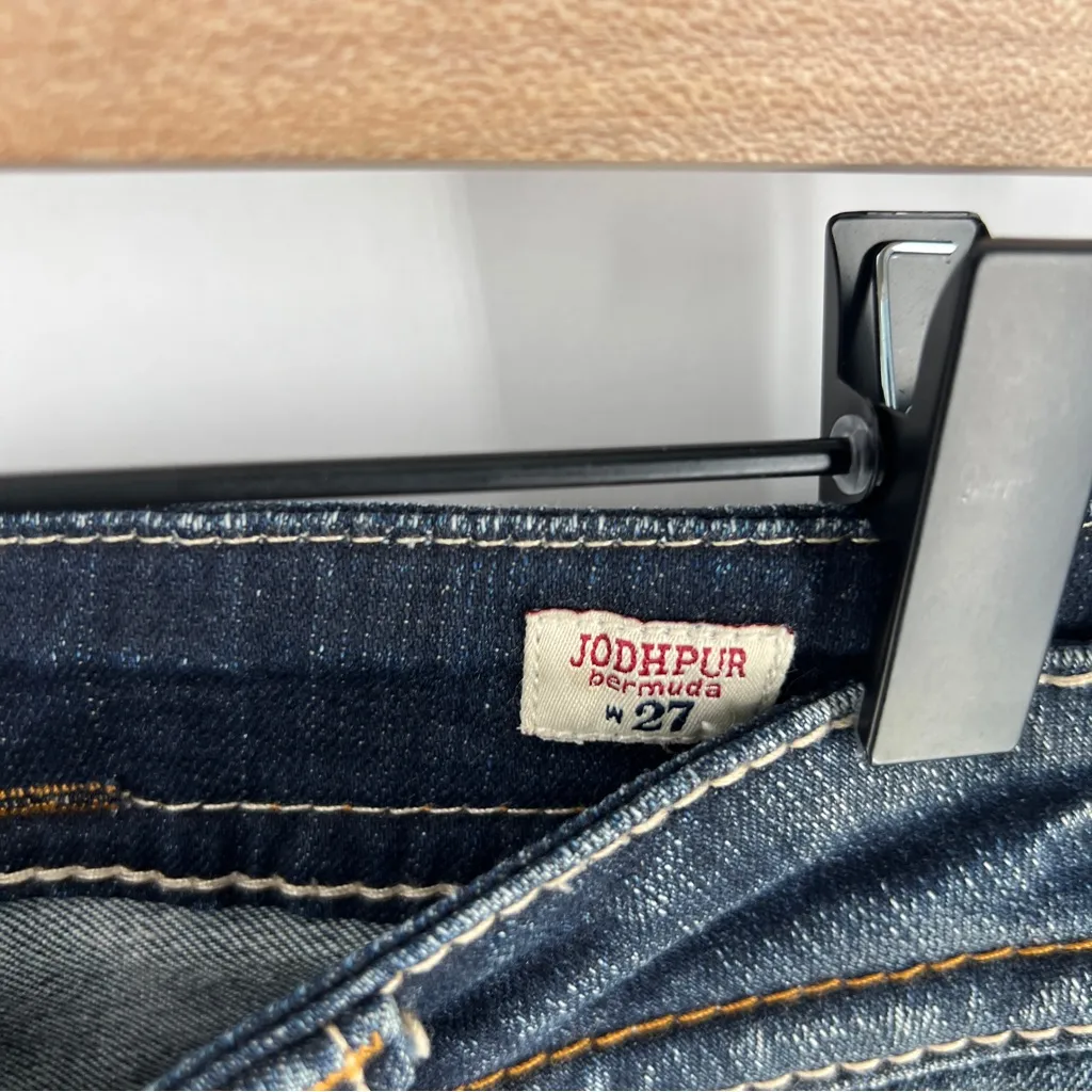MEK‎ Jodhpur Bermuda Size 27 Stretch Dark Wash Denim Whiskered Faded Shorts Blue - Image 8