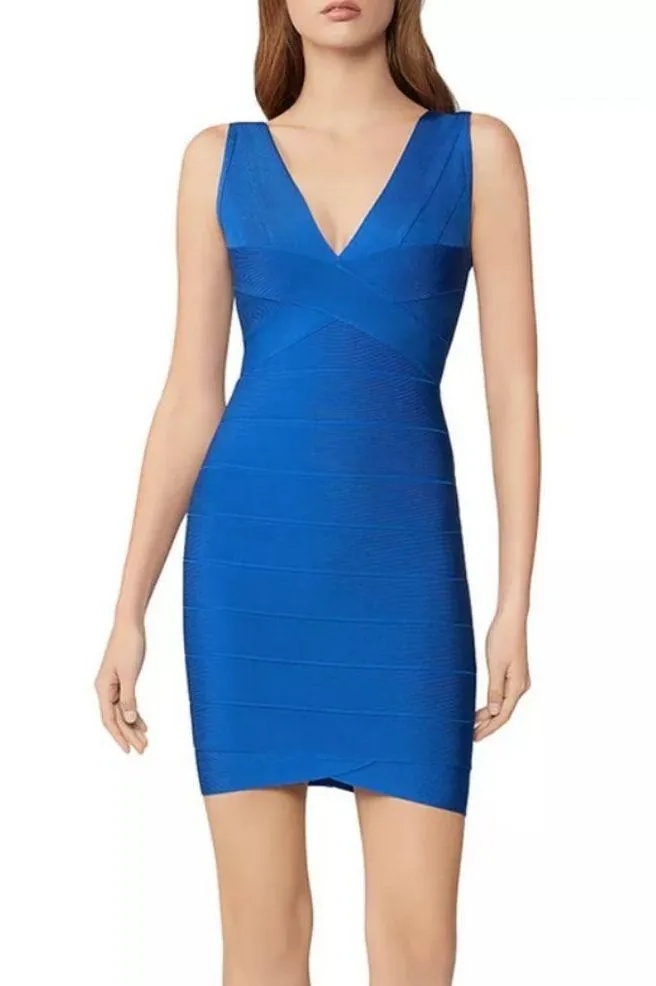 đź’•HERVE LEGERđź’• V-neck Mini Bandage Dress ~ Bright Blue XS NWT - Image 7