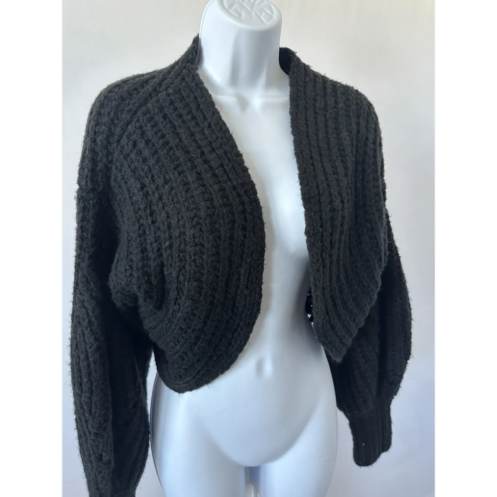 Anthropologie Chunky Black Wool Blend Cropped Cocoon Cardigan, Sz: S (b1) - Image 2