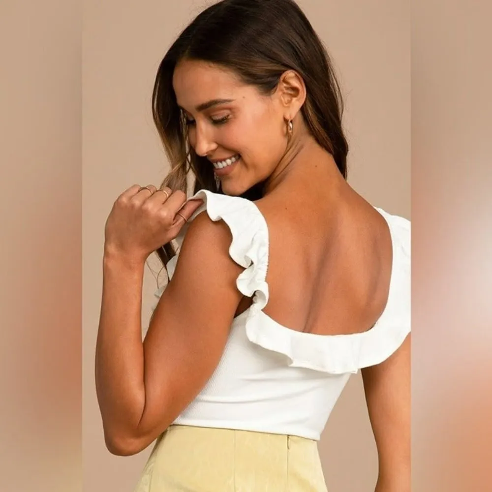 The Label Lala Ruffle Ribbed Bodysuit in White Size M - Image 4