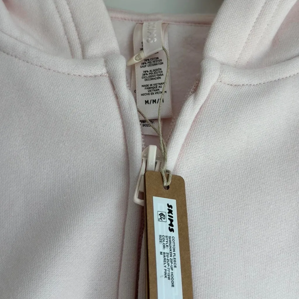 Skims Cotton Fleece Shrunken Zip Up Hoodie in Barely Pink, Size Medium - Image 7