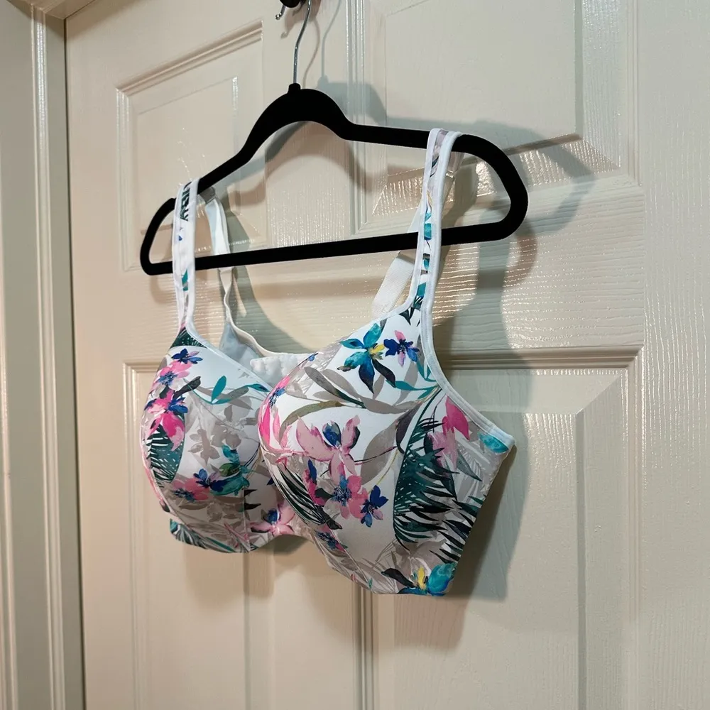 Cacique Lightly Lined Balconette Bra 44DD Underwire White Pink Floral Tropical - Image 3