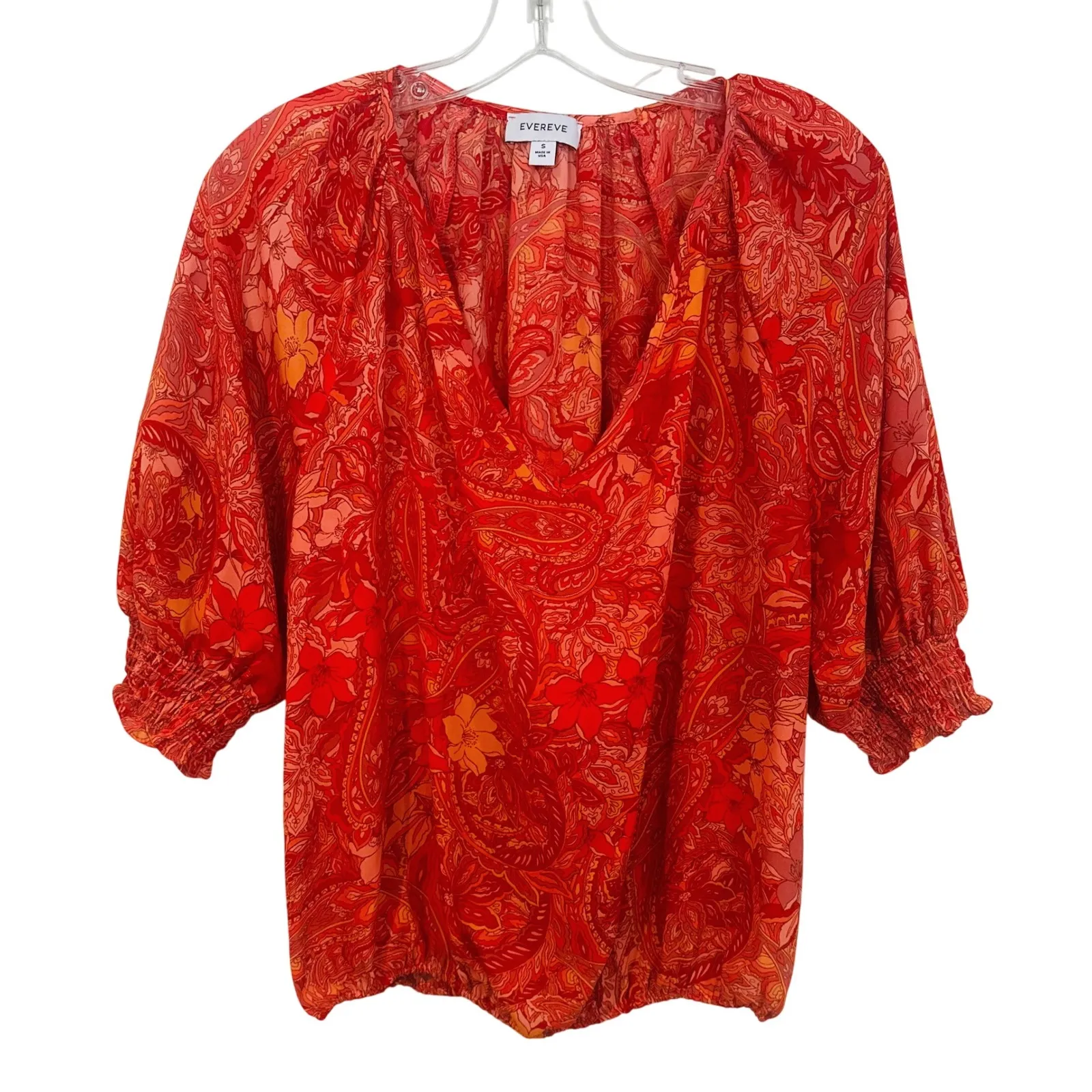 Evereve Floral Paisley Crepe V-Neck Blouse Women's Small‎ Coral Preppy Career - Image 2