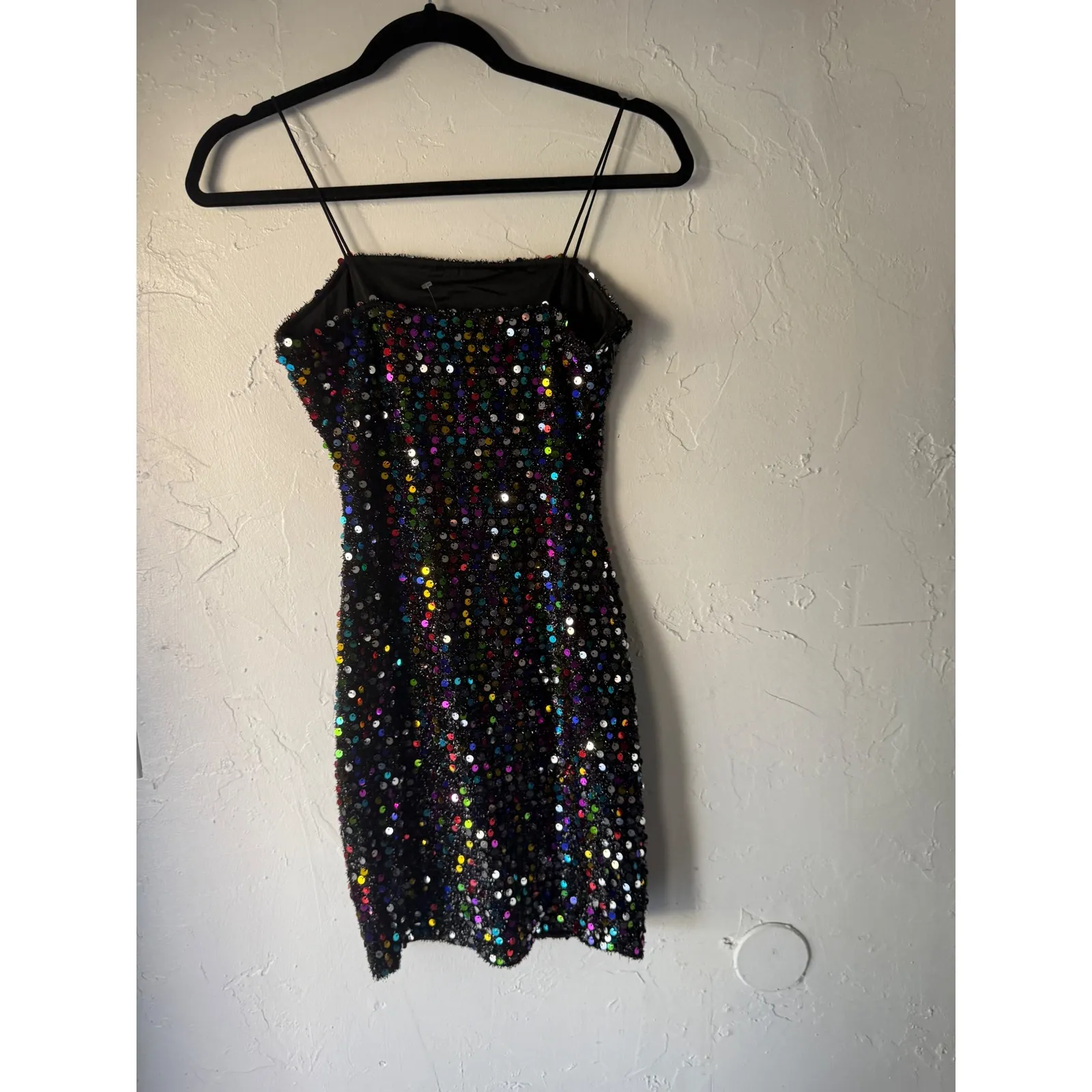 NWT Sparkly Sequin Mini‎ Dress Spaghetti Straps Blk Rainbow Party Clubwear Disco - Image 5