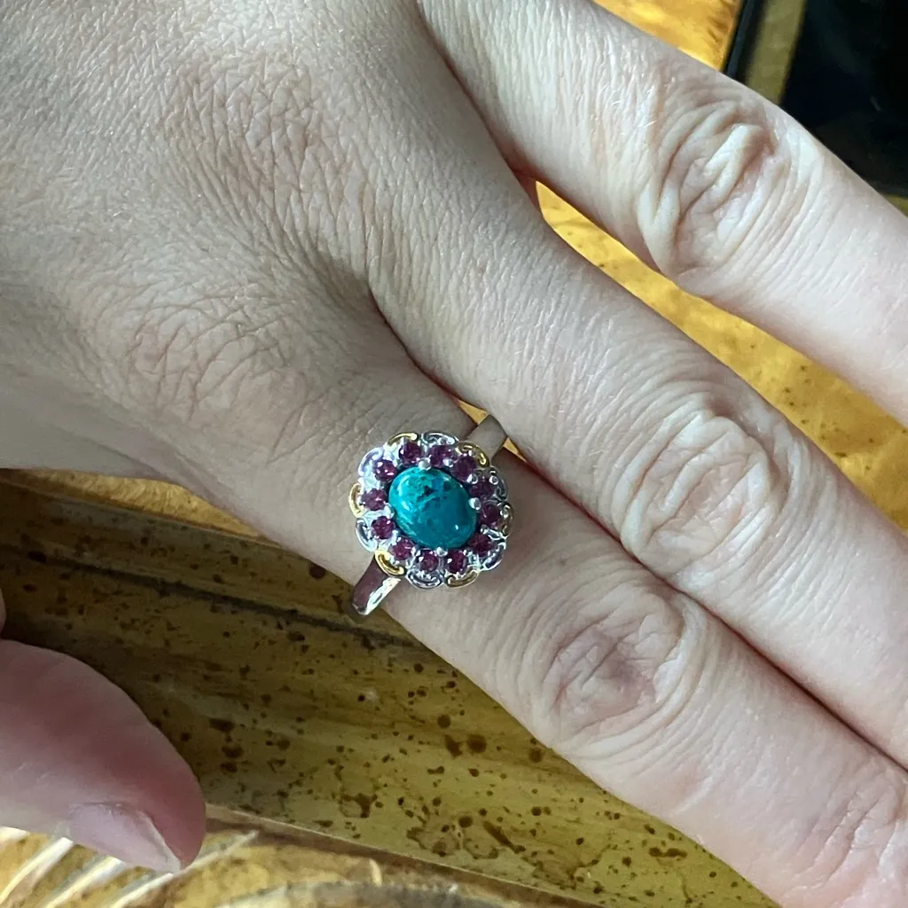 Natural Chrysocolla Orissa Garnet Halo Ring Size 9 Blue - Image 4