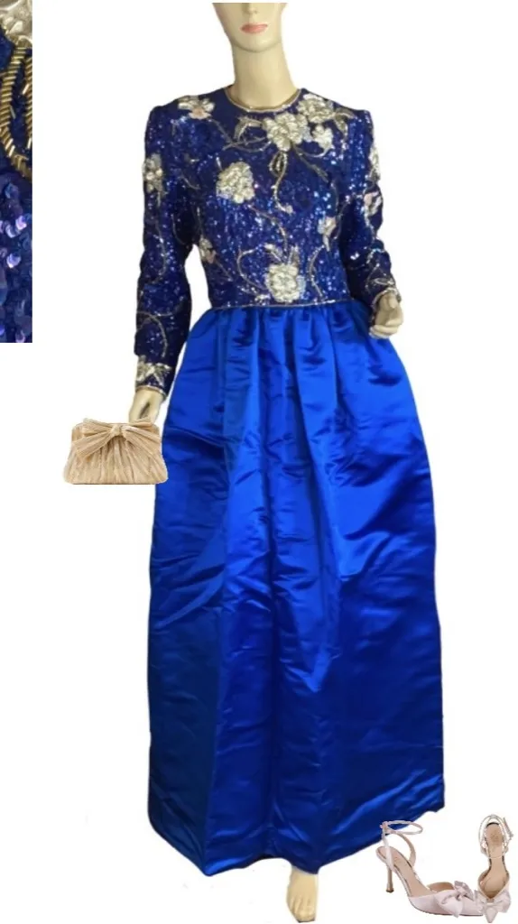 RICHILENE VINTAGE 1980'S BLUE, CREAM & GOLD SEQUIN & SATIN GOWN (S) Blue - Image 2