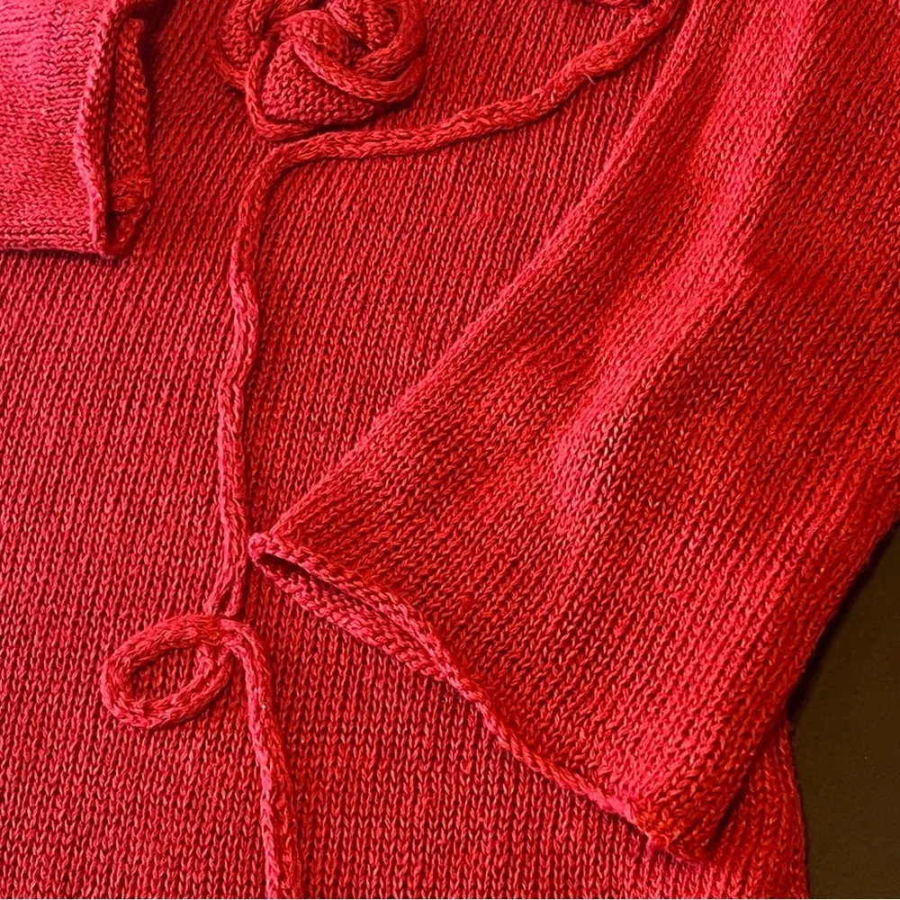Grizas 100%Linen knit tunic sweater, loose knit, roses appliquee, 3/4 sleeves, M Red Size M - Image 4